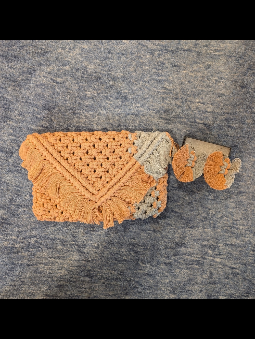 Handmade Peach & Light Gray Crochet Fringe Clutch And Earrings
